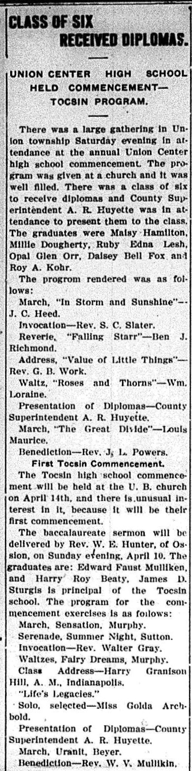 [newspaper article on Tocsin school's first commencement]